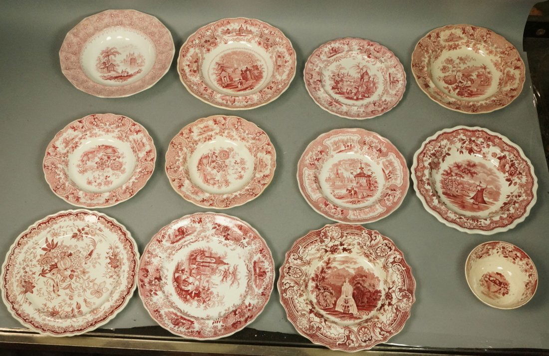 12pc Lot Red Transferware. Lot includes "Aseatic (1 of 7)