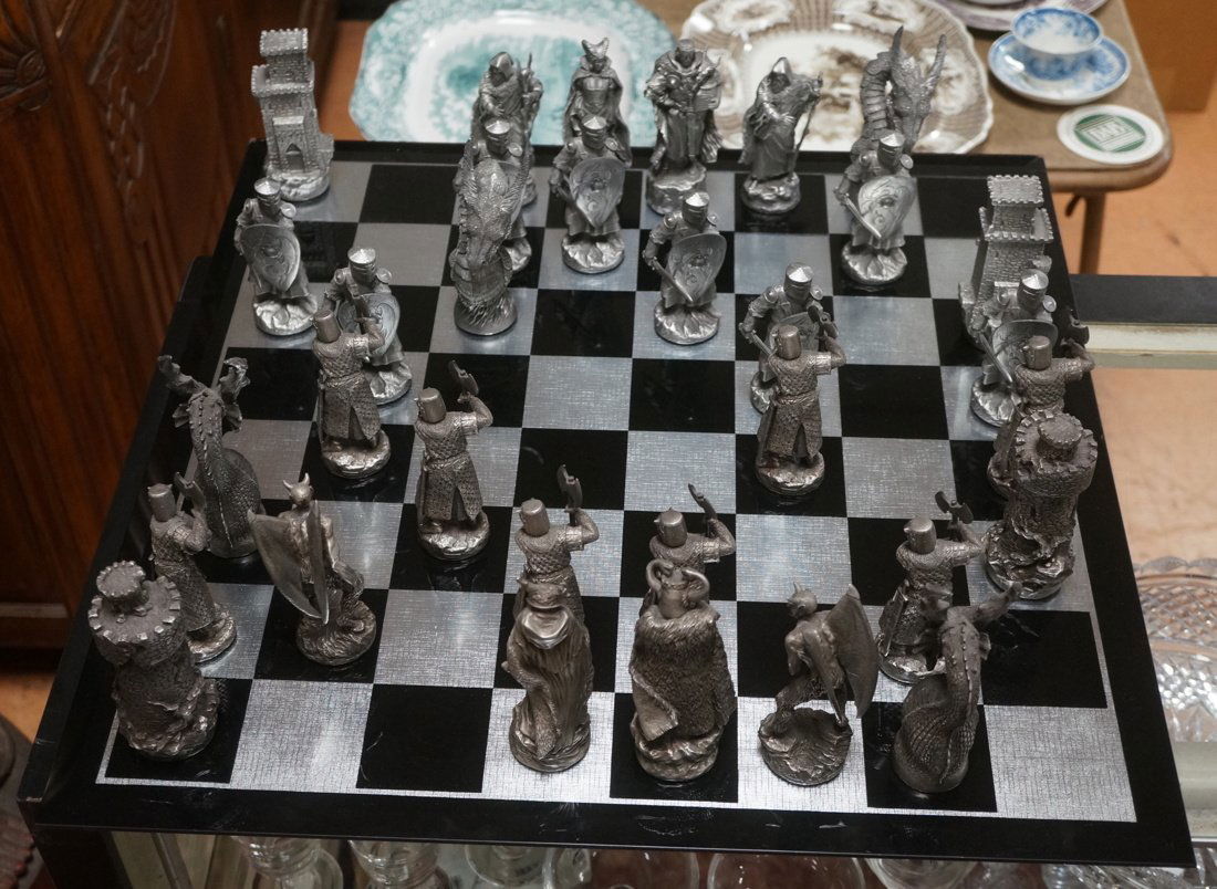 Pewter Chess Set & mirrored glass playing board. (1 of 10)