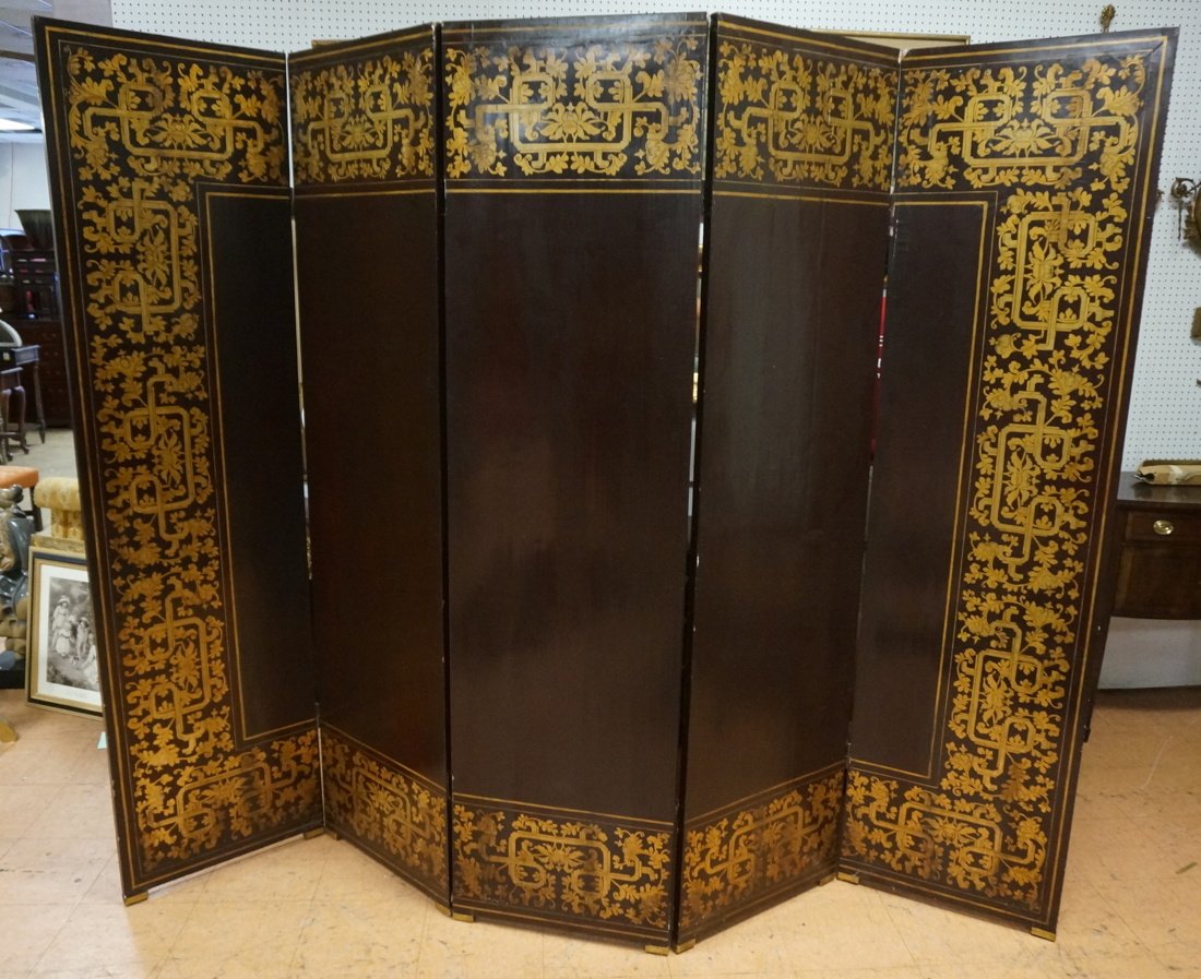 Large Chinese Lacquer 5 Panel Screen.  Gold paint (1 of 10)