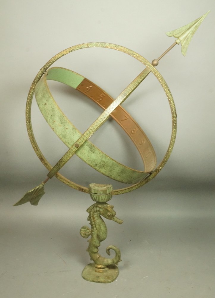 SUNE ROOTH Signed Metal Armillary. Seahorse. Gree: SUNE ROOTH Signed Metal Armillary. Seahorse. Green patina metal. Signed.-- Dimensions: H: 31.5 inches: W: 24 inches: D: 16.5 inches ---