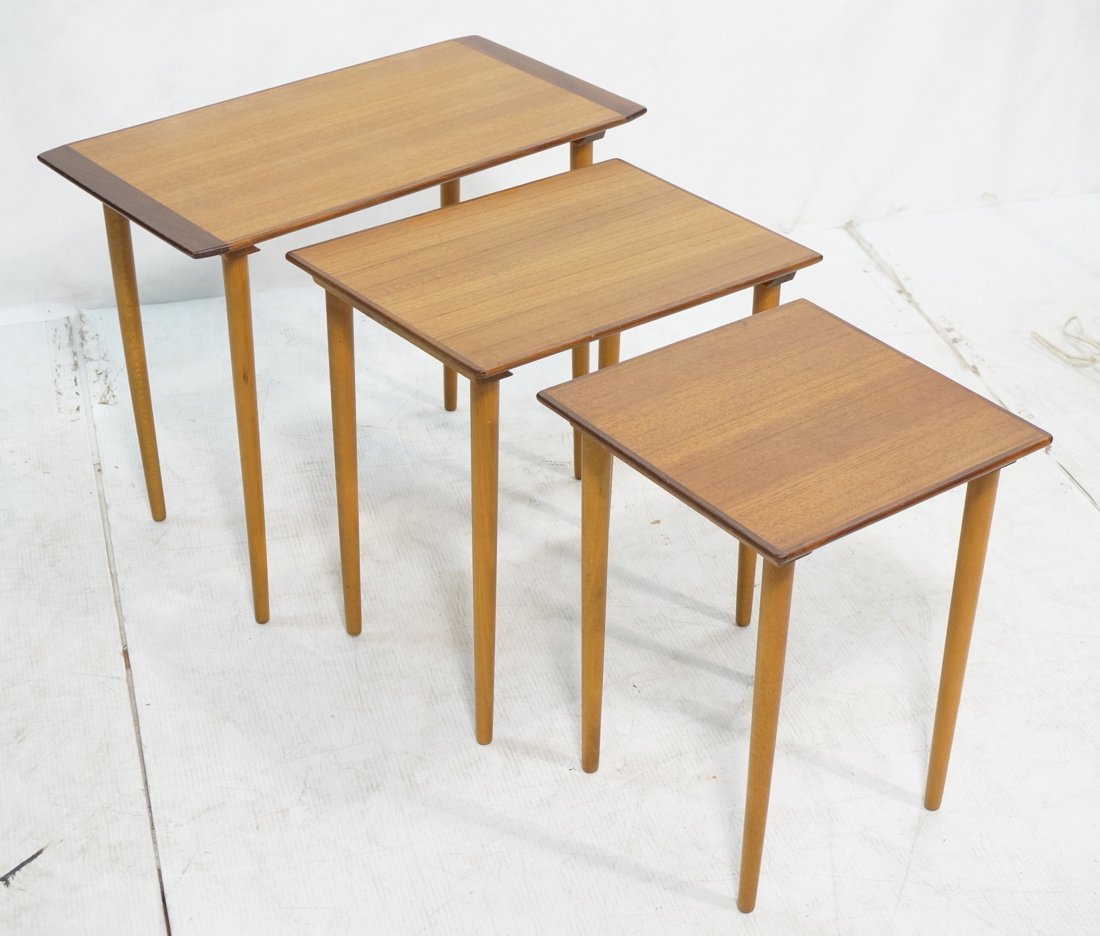 Danish Teak Nesting Tables. 3pc Banded Tables. Ta: Danish Teak Nesting Tables. 3pc Banded Tables. Tapered peg legs-- Dimensions: H: 20 inches: W: 25 inches: D: 13.5 inches ---