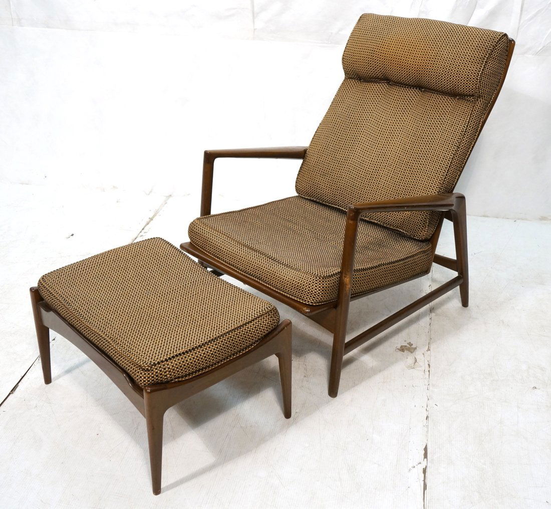 Danish SELIG Walnut Lounge Reclining Chair & Otto: Danish SELIG Walnut Lounge Reclining Chair & Ottoman. Tall Back. Shaped Arms. Brown & Black Tweed Fabric. Metal Selig label. Denmark. Has knob to recline chair back. -- Dimensions: H: 36 inches: W: 28
