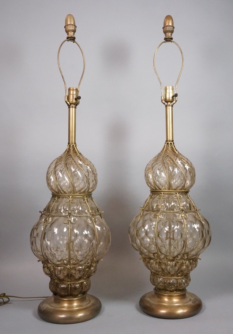 Pr Italian Pale Amber Glass Table Lamps. Glass bl (1 of 8)