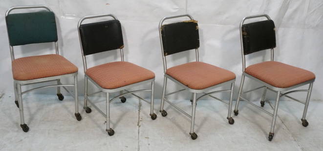 Set 4 WARREN MacARTHUR Aluminum Industrial Side C: Set 4 WARREN MacARTHUR Aluminum Industrial Side Chairs. Chairs were probably in an institution and are marked with numbered washers.-- Dimensions: H: 34 inches: W: 19 inches: D: 19.5 inches ---