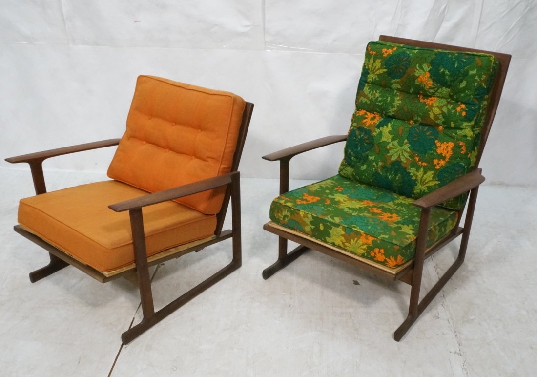 Pr SELIG IB KOFOD LARSEN Lounge Chairs. Danish M: Pr SELIG IB KOFOD LARSEN Lounge Chairs. Danish Modern Teak Lounge Chairs. His & Her. Orange "Mom" & Bold Floral "Pop" Chairs. Tufted floral fabric cushions. Open paddle arms. Wood grid pattern backs.