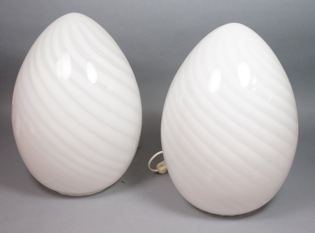 Pair Murano Glass Egg Lamps.  White swirl design. (1 of 6)