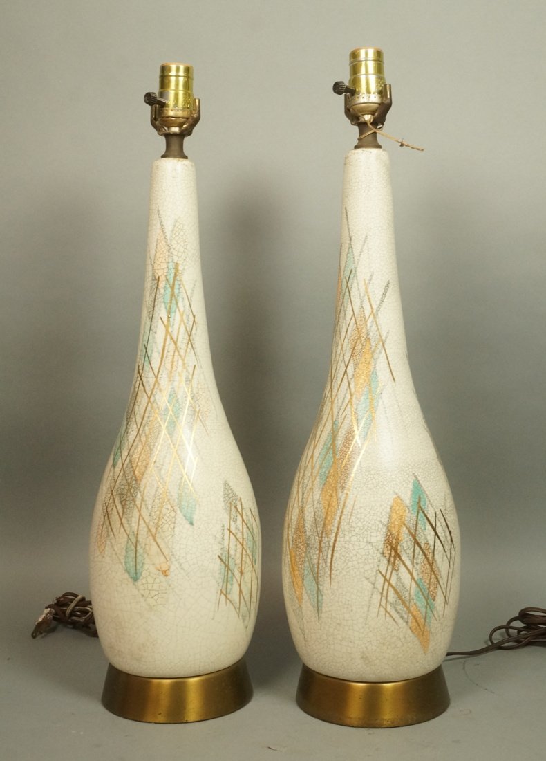 Pr Mid Century Pottery Lamps. Bowling Pin Shape w (1 of 7)