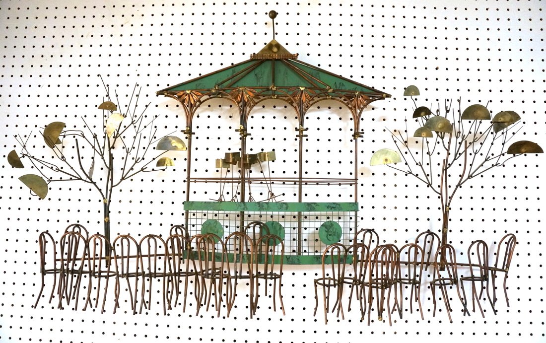 Mixed Metal C. Jere Cafe Wall Sculpture. Green p: Mixed Metal C. Jere Cafe Wall Sculpture. Green patina details.-- Dimensions: H: 26 inches: W: 40 inches ---