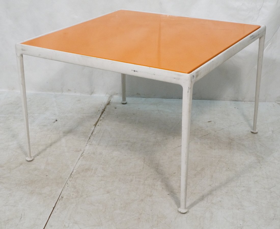 RICHARD SCHULTZ Orange & White Square Patio Table: RICHARD SCHULTZ Orange & White Square Patio Table. Cafe table. Orange enamel top inset in Textured white metal frame. -- Dimensions: H: 26.5 inches: W: 37.75 inches: D: 37.75 inches ---