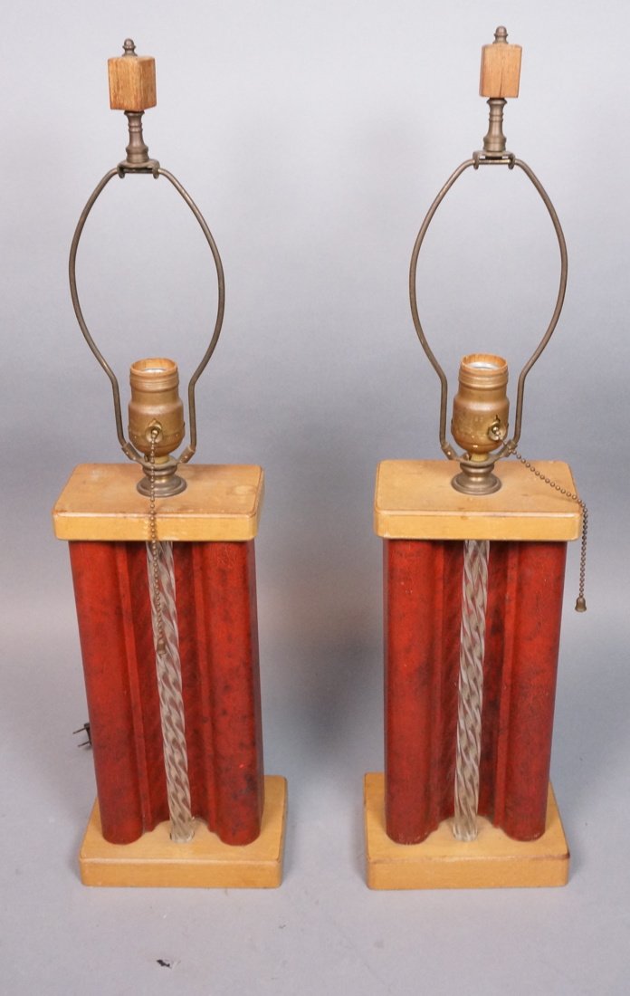40's Modern Naugahyde Twisted Lucite Wood Lamps. (1 of 8)