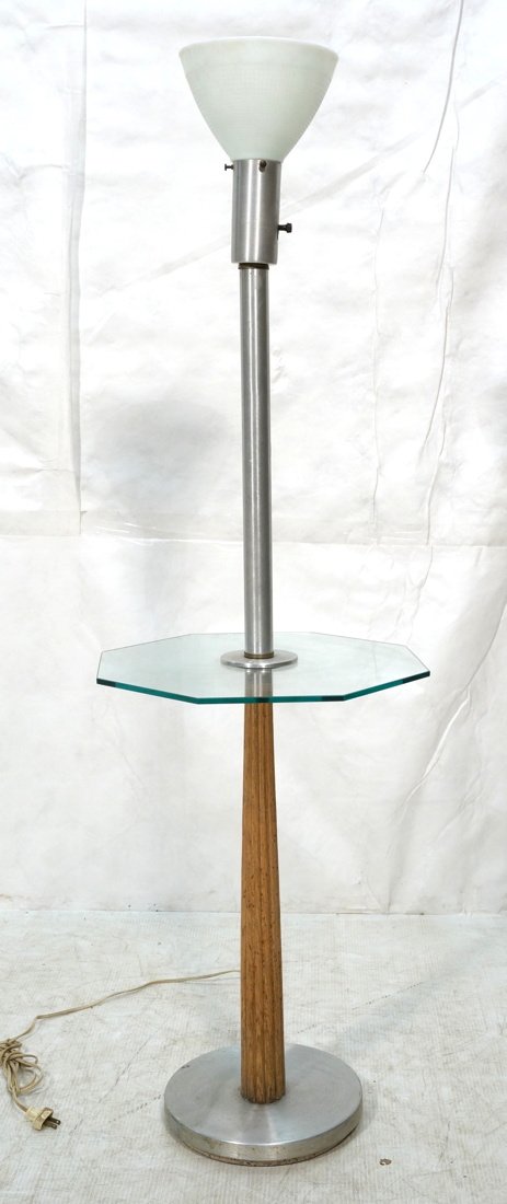Vintage Brushed Aluminum Floor Lamp Table. Tapere: Vintage Brushed Aluminum Floor Lamp Table. Tapered column wood base. -- Dimensions: H: 57 inches: W: 18 inches: D: 18 inches ---