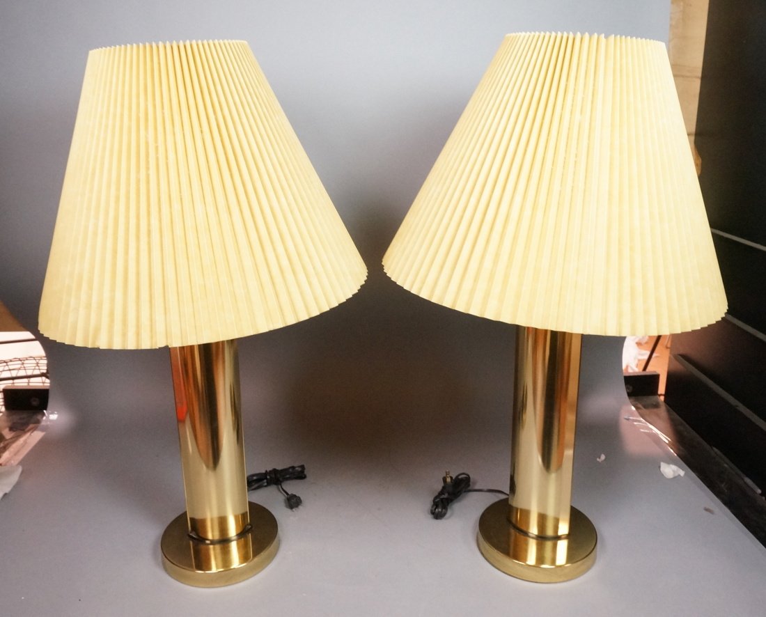 Pr Brass Nessen Style Column Lamps. Tall brass cy: Pr Brass Nessen Style Column Lamps. Tall brass cylinder on round base. Not marked. -- Dimensions: H: 31 inches: W: 18 inches ---