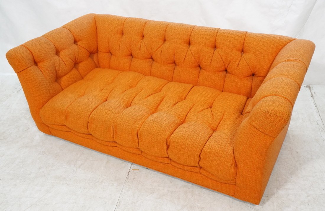 Directional Orange & Gold Tweed Fabric Couch Sofa: Directional Orange & Gold Tweed Fabric Couch Sofa. Tufted upholstery. -- Dimensions: H: 25 inches: W: 65.5 inches: D: 32 inches ---