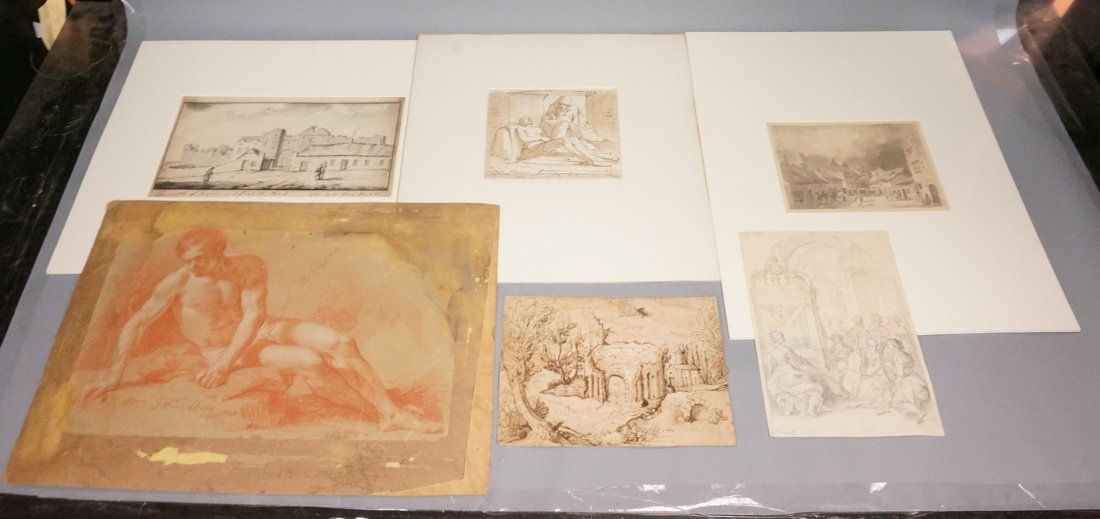 Lot 6 Antique 19th & 20th Century Drawings. F. H.: Lot 6 Antique 19th & 20th Century Drawings. F. H. TISCHBEIN Charcoal Drawing on Nude Man. PAUL BRIL Pen Sketch of Landscape with Ruins. HENRY BROOKE "The Castle of the Swords as it Fronts the Street".