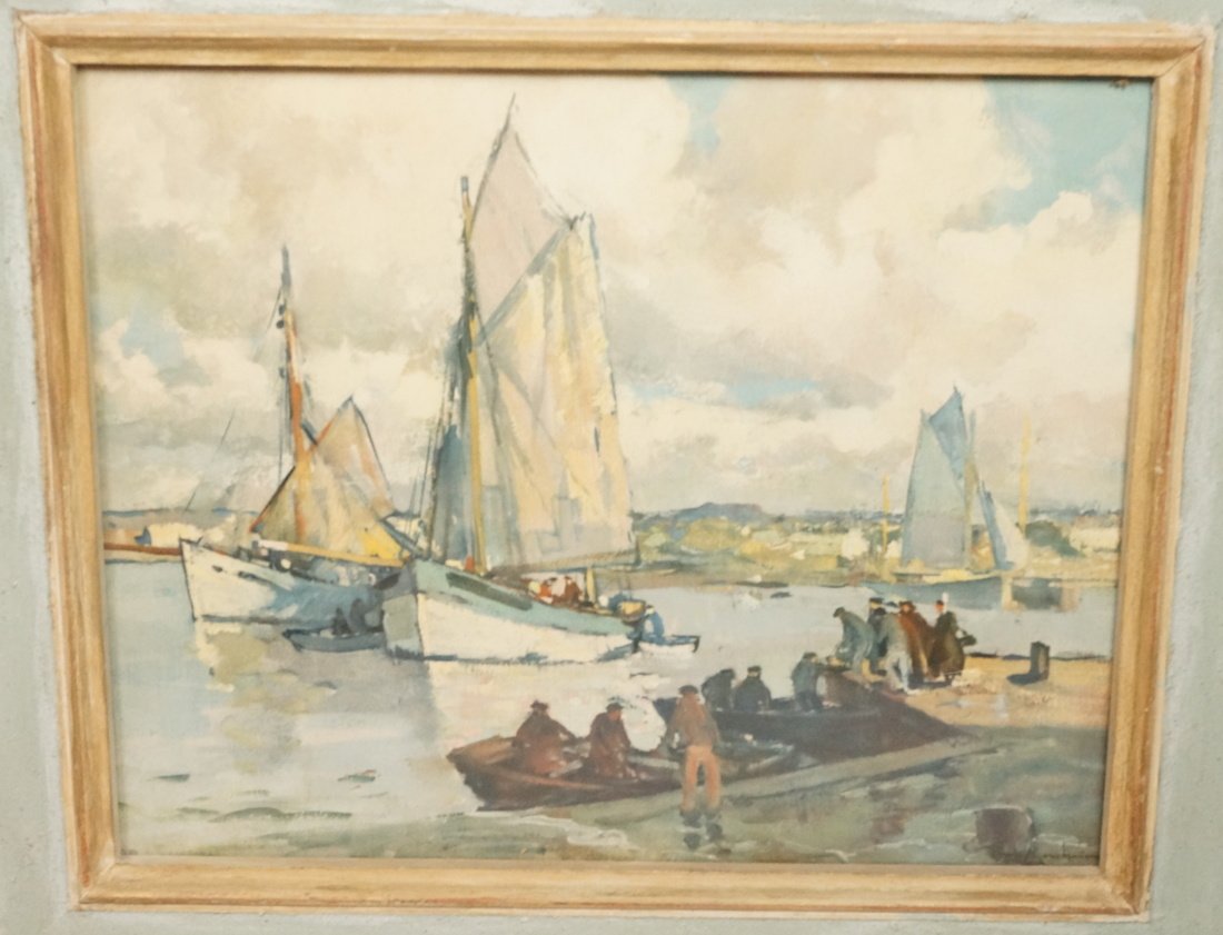 Watercolor Painting by PAUL BERNARD MORCHAIN. Coa: Watercolor Painting by PAUL BERNARD MORCHAIN. Coastal Scene with Boats and fishermen. Signed. -- Dimensions: Image Size: H: 15.5 inches: W: 19 inches ---