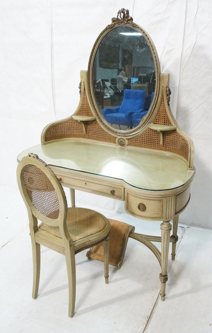 2pc Antique French Caned Vanity & Chair. Pale gre (1 of 9)