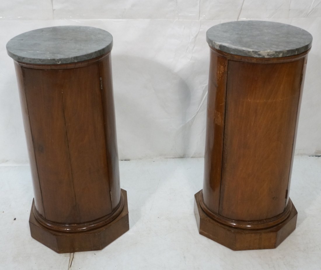 Pr Gray marble top column form side tables. Octag (1 of 8)
