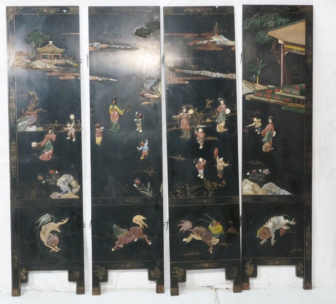 Chinese Lacquered 4 Panel Screen. Applied stone e (1 of 10)