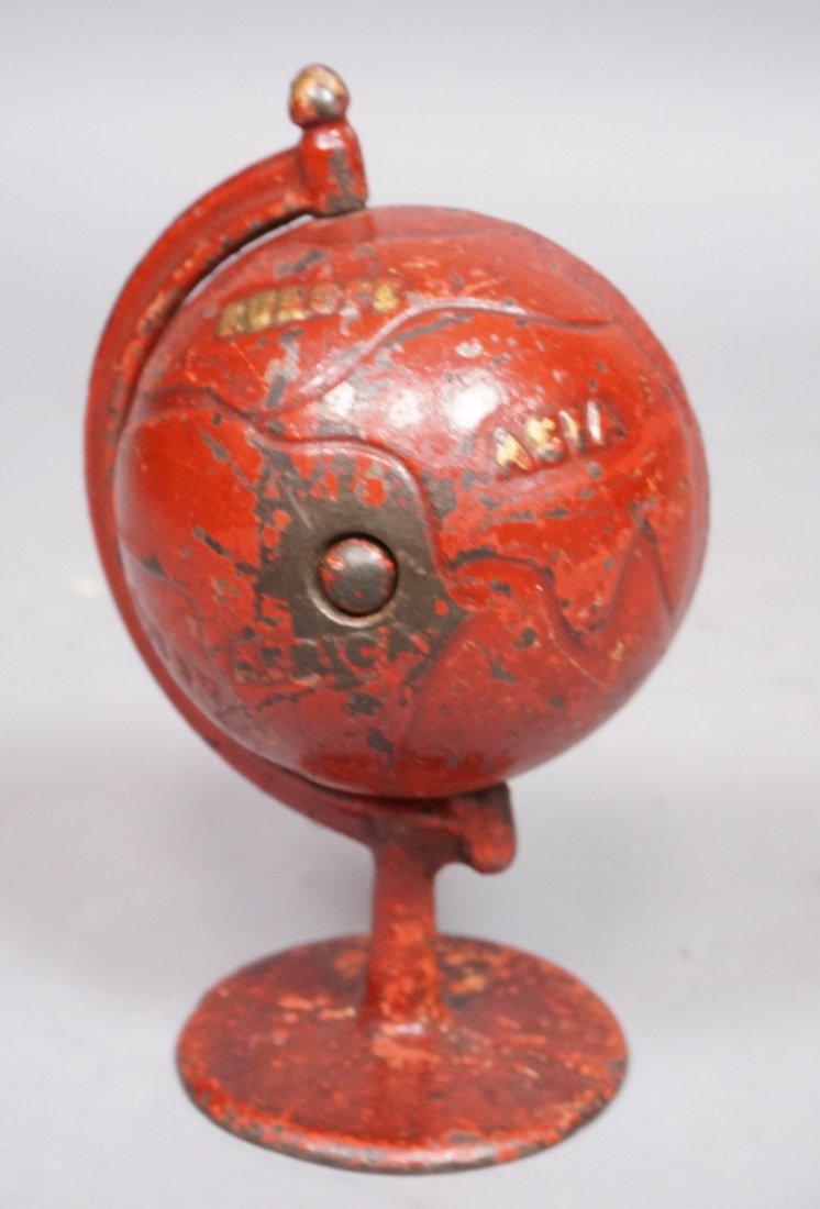 Vintage Metal Globe Bank Toy. Painted red. Globe (1 of 5)