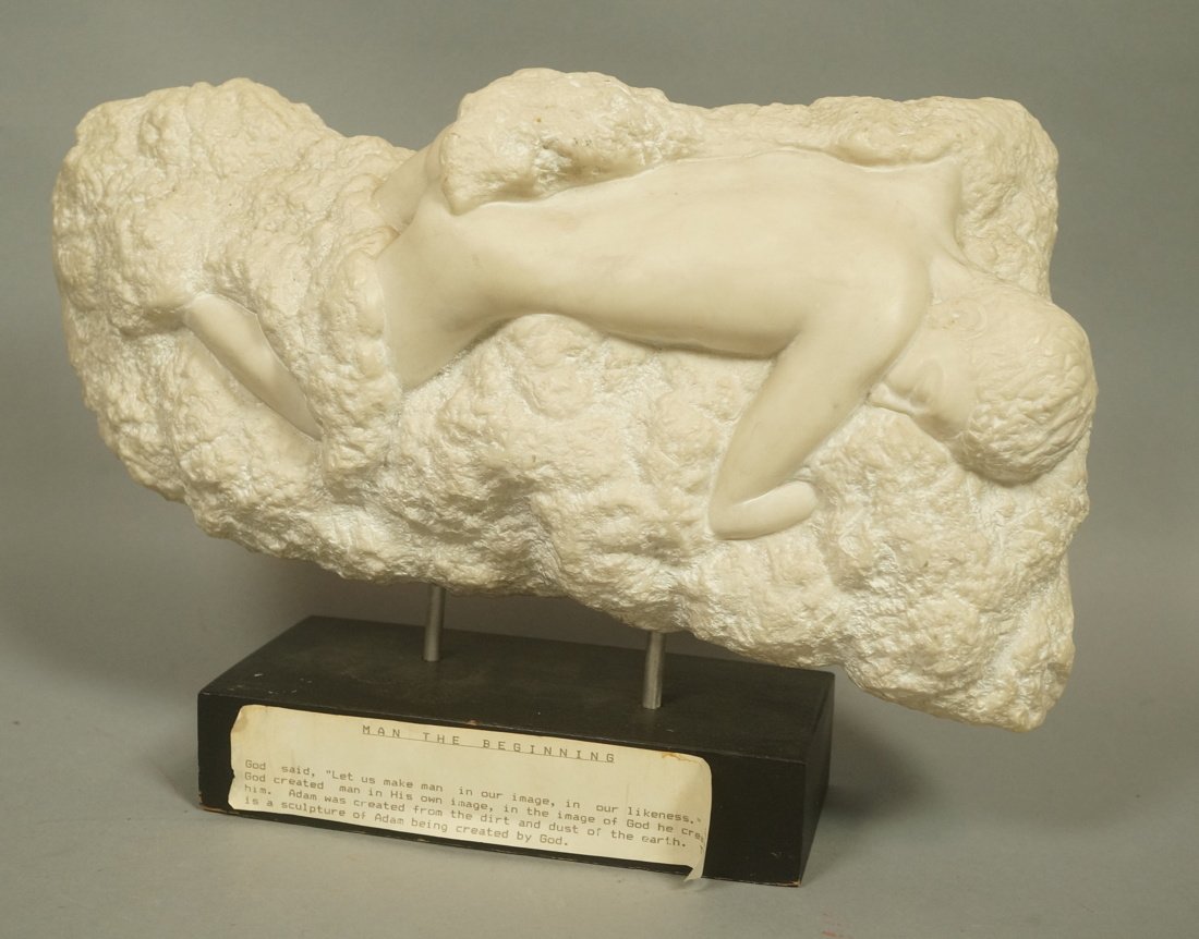 Modernist Abstract Semi Nude Reclining Sculpture.: Modernist Abstract Semi Nude Reclining Sculpture. PEGGY ILLACH. " Man the Beginning" Adam being created by God. Carved Stone. Signed in back. -- Dimensions: H: 10.25 inches: W: 14 inches: D: 5 inches 