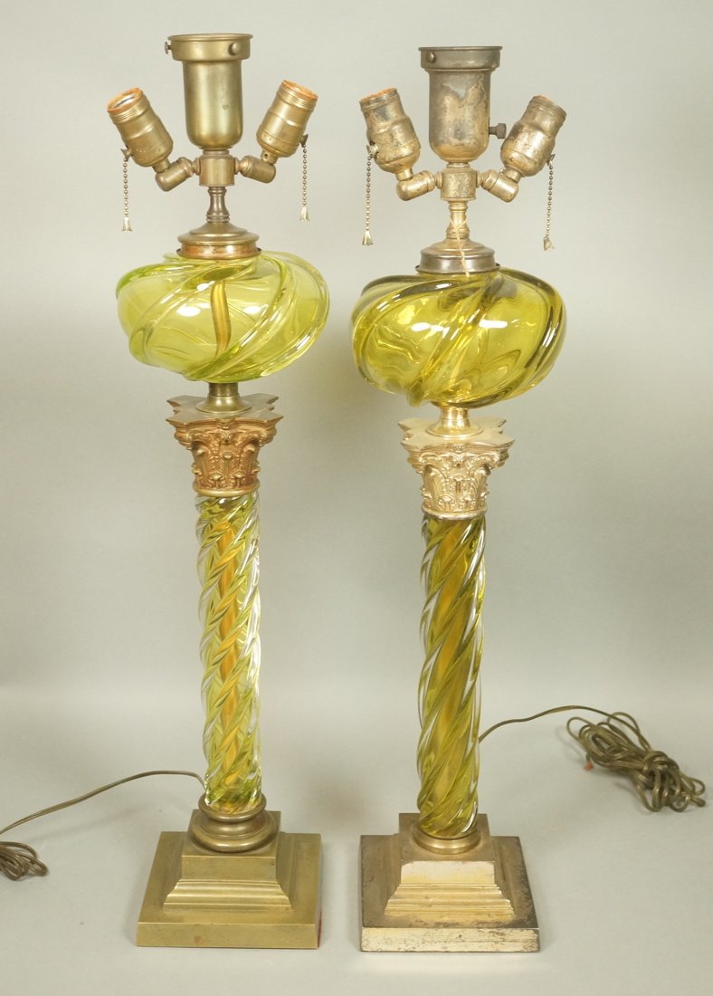 Pr Vaseline Glass Antique Table Lamps. Column for (1 of 9)