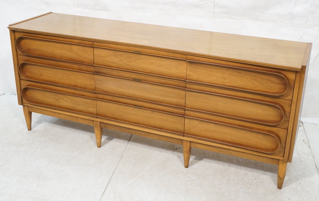Modernist 9 Drawer Credenza Sideboard. Unique "Ra: Modernist 9 Drawer Credenza Sideboard. Unique "Racetrack" drawer pulls. Raised on legs-- Dimensions: H: 30 inches: W: 72 inches: D: 19.5 inches ---