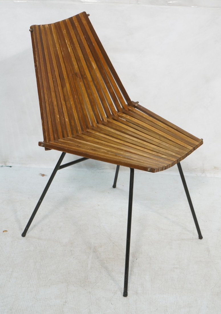 Modernist Slat Chair on iron hairpin base legs. T: Modernist Slat Chair on iron hairpin base legs. Tapered seat and back-- Dimensions: H: 31 inches: W: 20 inches: D: 22 inches ---