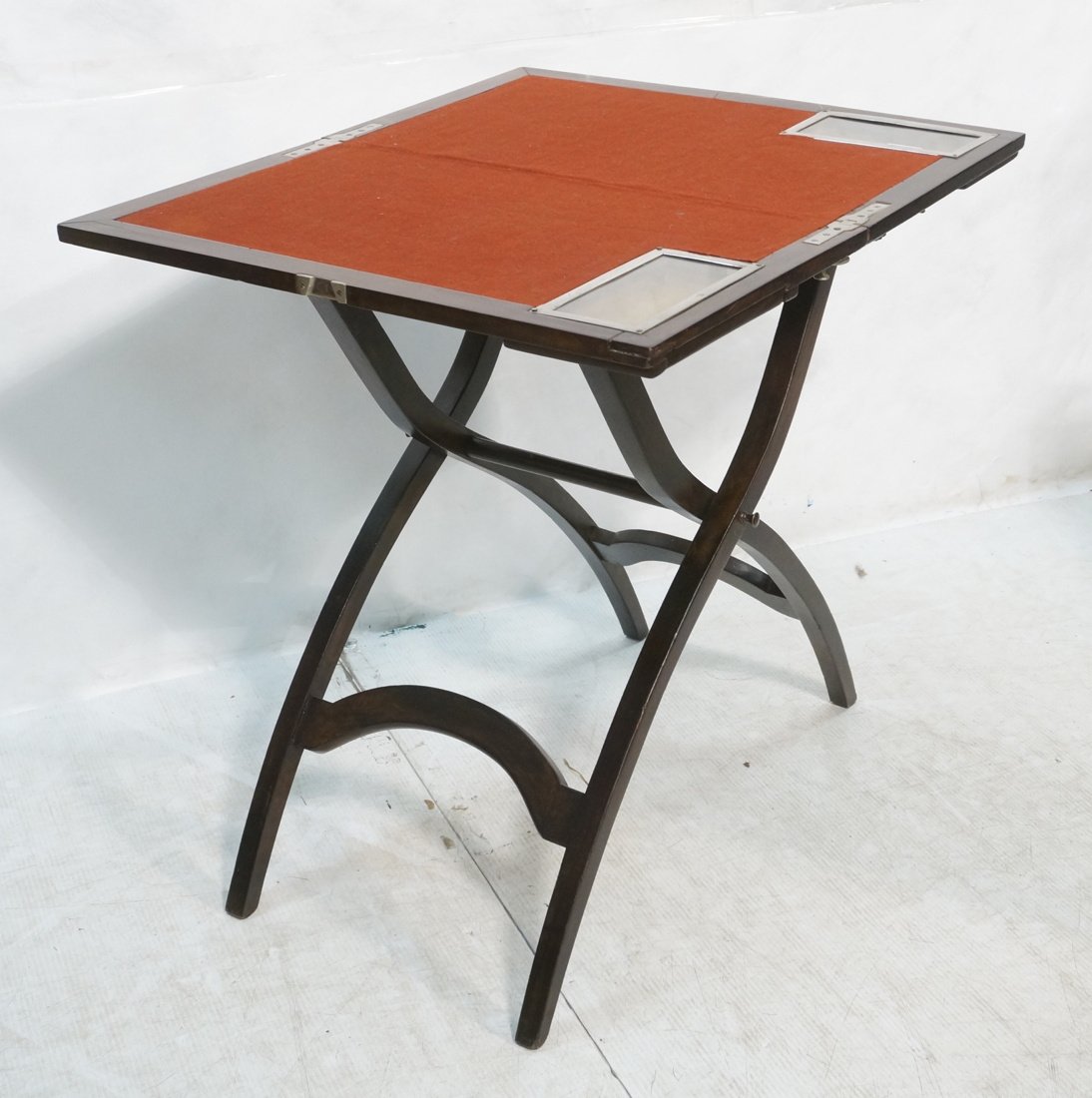 MARK CROSS Folding Game Table. Folding mahogany f: MARK CROSS Folding Game Table. Folding mahogany frame. Red Felt top. Two glass areas.-- Dimensions: H: 28.5 inches: W: 30 inches: D: 25.5 inches ---