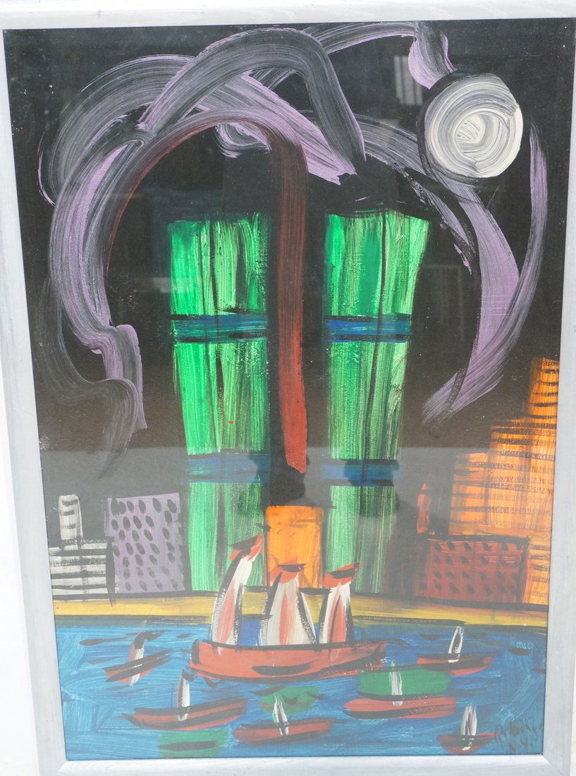 PETER KIEL Acrylic Painting. NYC Cityscape with H: PETER KIEL Acrylic Painting. NYC Cityscape with Harbor Scene. Sail boats in harbor with NYC &World Trade Towers skyline. Signed. -- Dimensions: Image Size: H: 39.25 inches: W: 26.25 inches ---