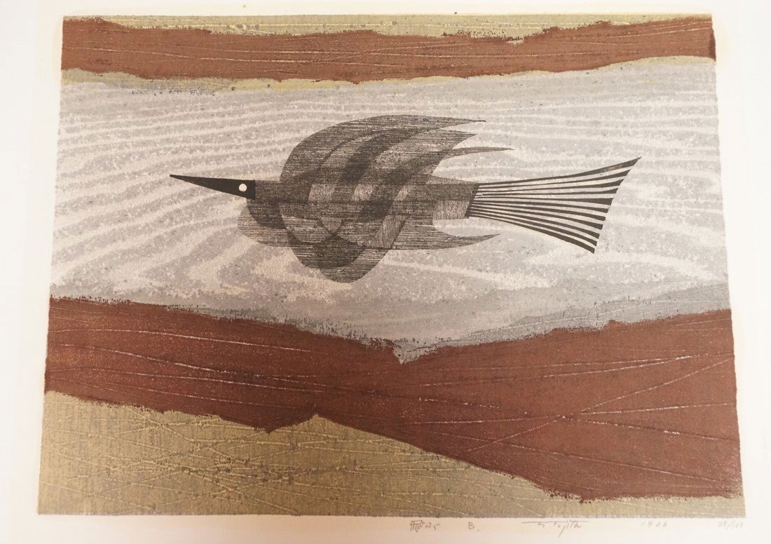 F. FUJITA Woodblock Print. Bird. Signed, 1966. #2 (1 of 9)