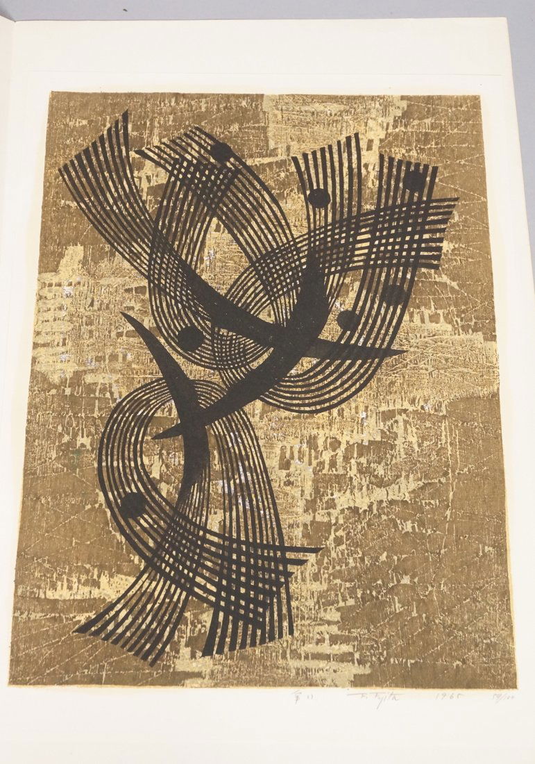 F. FUJITA Woodblock Print. Modernist stylized bir (1 of 9)