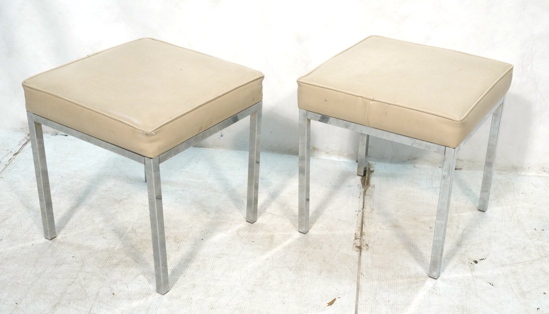 Pr Chrome Benches Stools. Tan Vinyl Cushions. Squ (1 of 10)