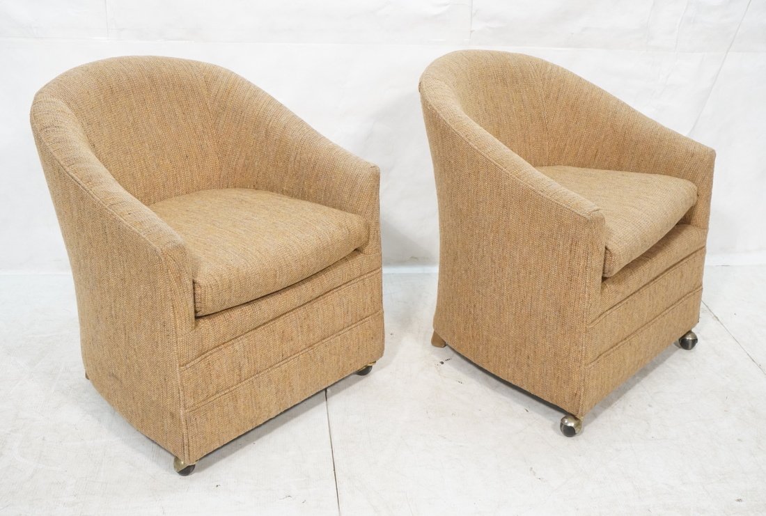 Pr Brown Tweed Modernist barrel Back Lounge Chair: Pr Brown Tweed Modernist barrel Back Lounge Chairs. Casters on front legs-- Dimensions: H: 32 inches: W: 27 inches: D: 29 inches ---