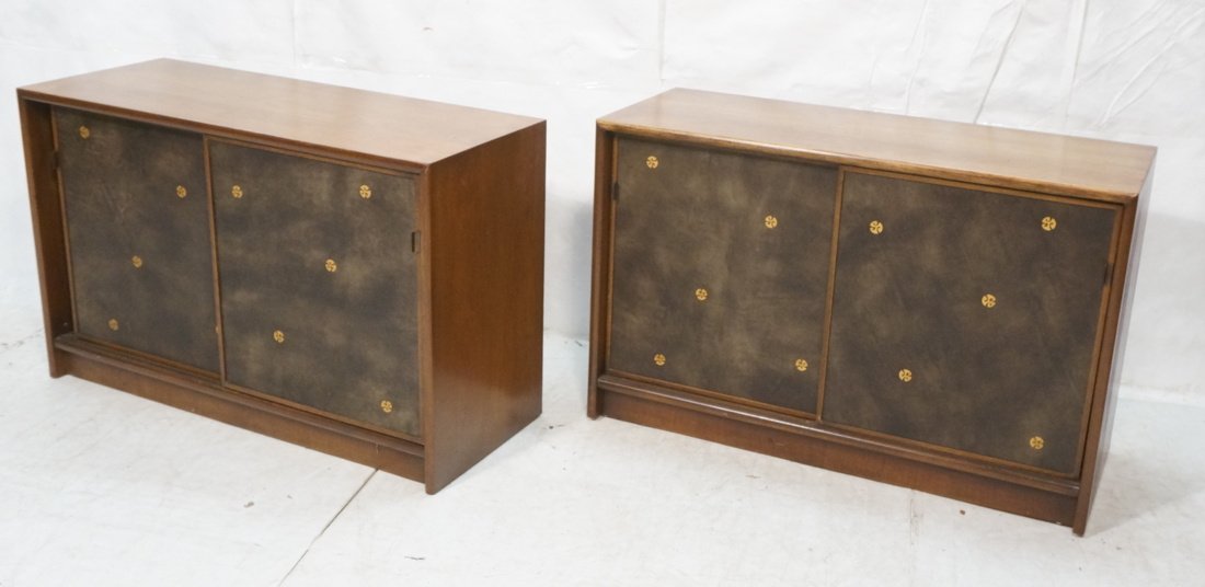 Pr Modernist Cabinets Credenzas. Two sliding door: Pr Modernist Cabinets Credenzas. Two sliding doors. Light gold inlaid design to fronts. Interior shelves. -- Dimensions: H: 31.5 inches: W: 48 inches: D: 19 inches ---