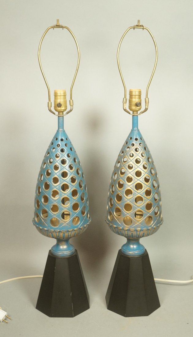Pr Pierced Metal Table Lamps. Gilt paint on blue (1 of 8)
