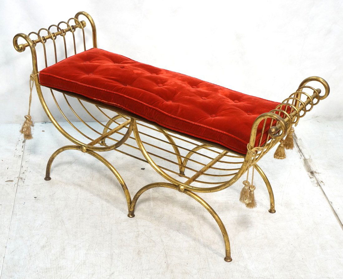 Regency Gilt Iron Bench. Red velvet cushion. Roll (1 of 9)