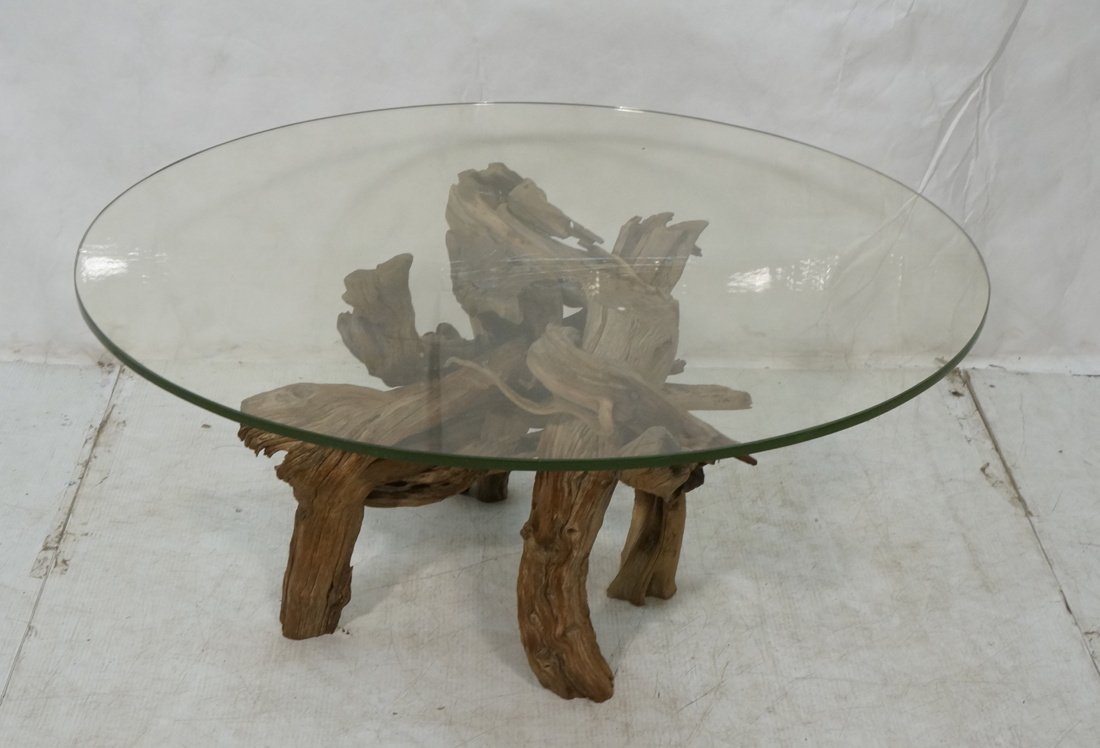 Driftwood Base Round Glass Coffee Cocktail Table. (1 of 7)