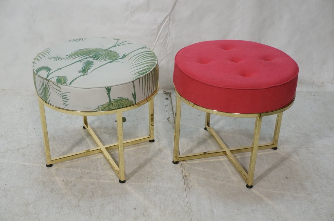 Two Round Brass Tone  Frame Tufted Stools. One is (1 of 9)
