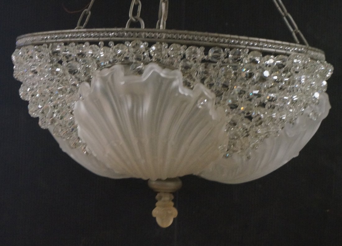 Decorator Frosted glass Shell Hanging Chandelier.: Decorator Frosted glass Shell Hanging Chandelier. Semi circle dome form with glass prisms.-- Dimensions: Image Size: H: 32 inches: W: 22 inches ---