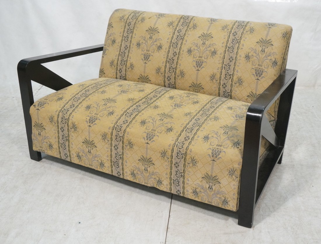 Dark Wood Settee. Frankl Style. Modernist. Gold &: Dark Wood Settee. Frankl Style. Modernist. Gold & blue tapestry fabric.-- Dimensions: H: 30.5 inches: W: 53 inches: D: 30.5 inches ---