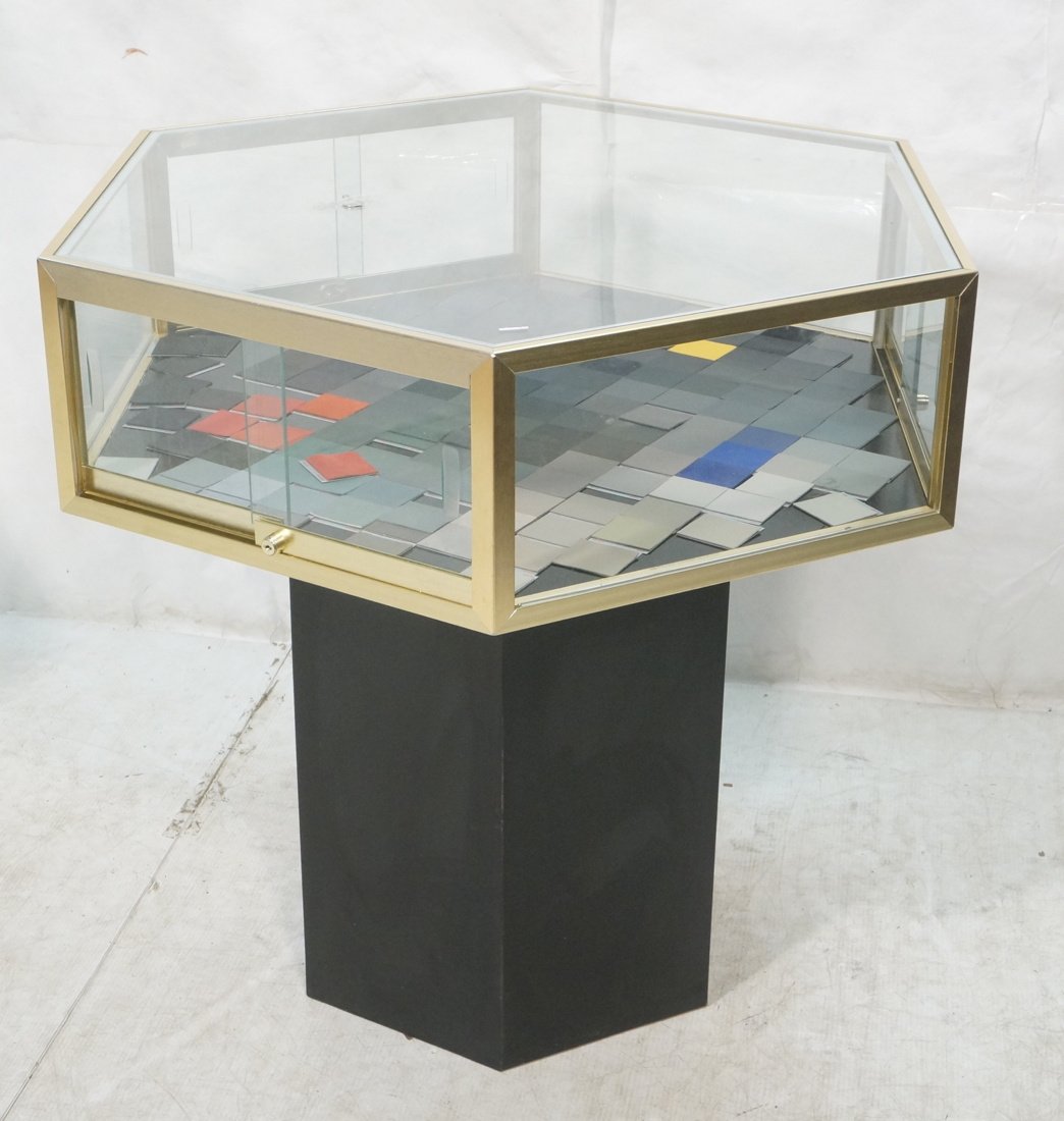 Hexagonal Glass Display Showcase. Brass trim.   W (1 of 8)