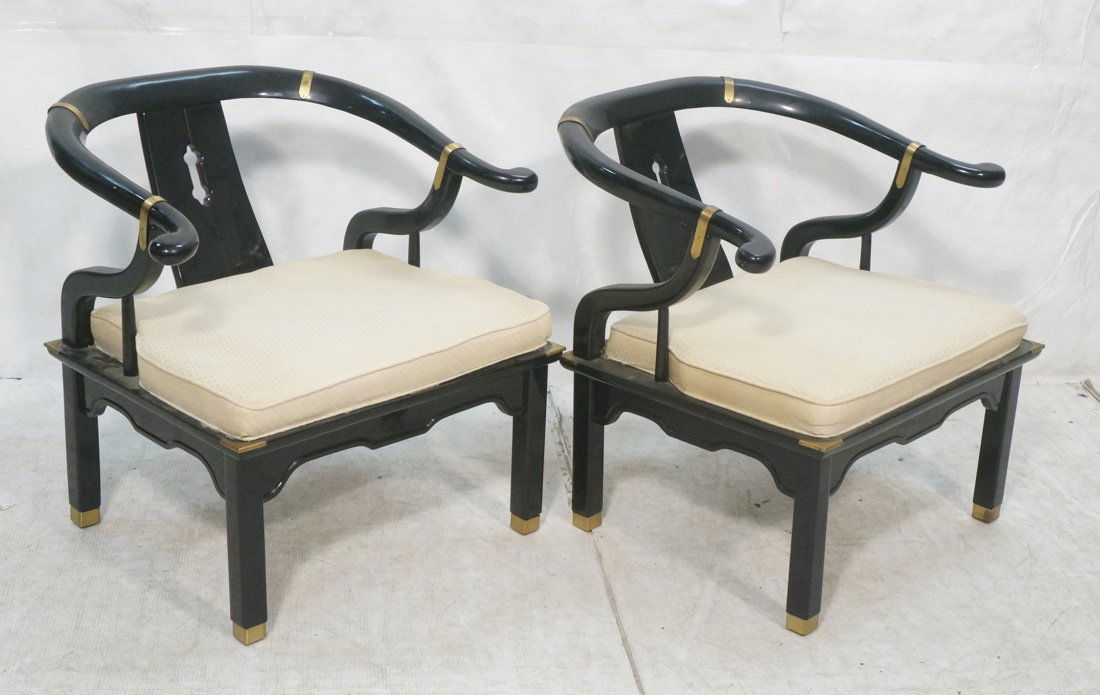 Pr Black Lacquer Asian Style Lounge Chairs. Brass (1 of 10)