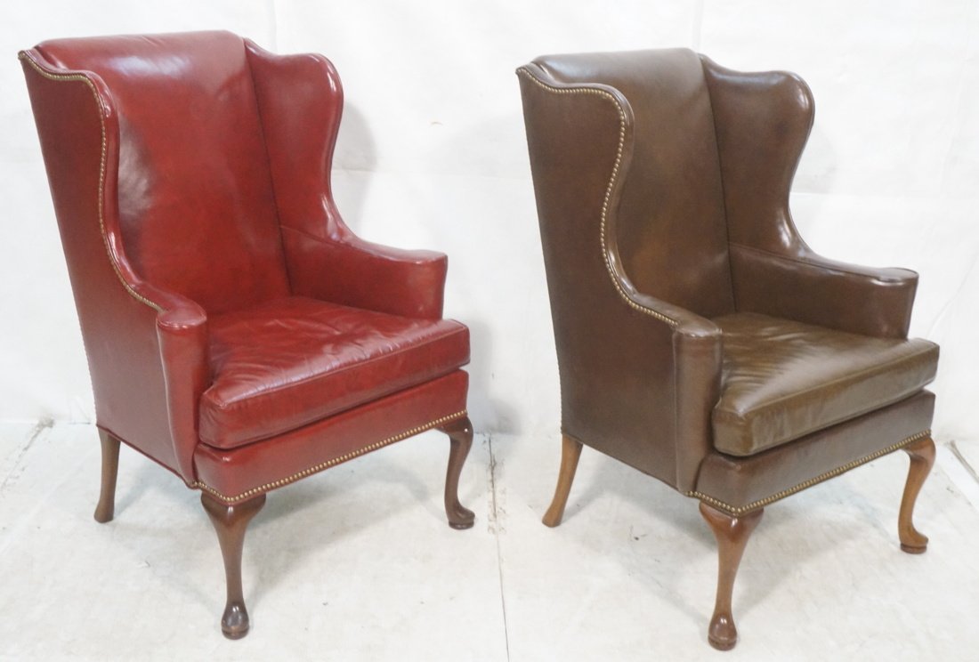 Pr HICKORY Leather Wing Chairs. One Burgundy. One (1 of 8)