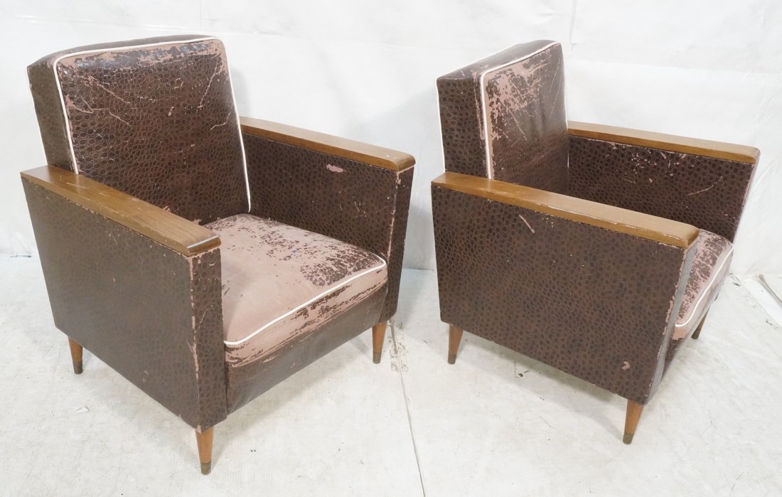 Pr Distressed Lounge Chairs. Wood arms & peg legs: Pr Distressed Lounge Chairs. Wood arms & peg legs. Art Deco.-- Dimensions: H: 30 inches: W: 28 inches: D: 26.5 inches ---