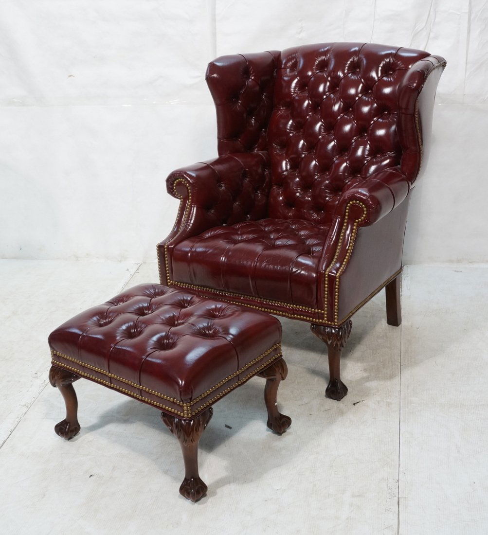 Burgundy Chesterfield Leather wing chair with Ott (1 of 9)