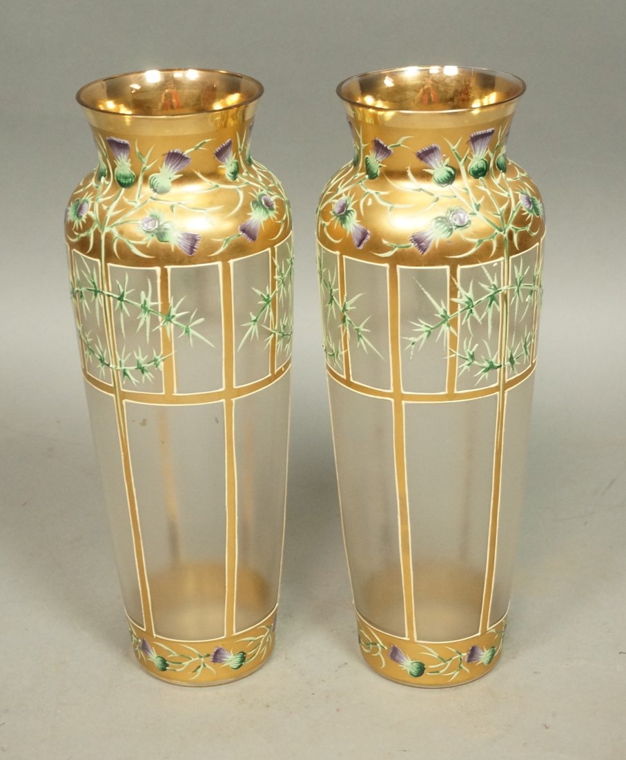 Pr Antique Enamel Painted Glass Vases. Thistle de (1 of 7)