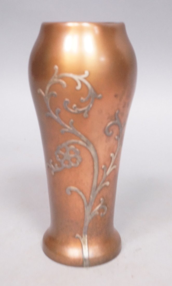 SILVERCREST Bronze Silver Overlay Vase. Arts & Cr: SILVERCREST Bronze Silver Overlay Vase. Arts & Crafts. Vine pattern. Marked. Number B1035-- Dimensions: H: 7 inches: W: 3 inches --- US Shipping charge: $20