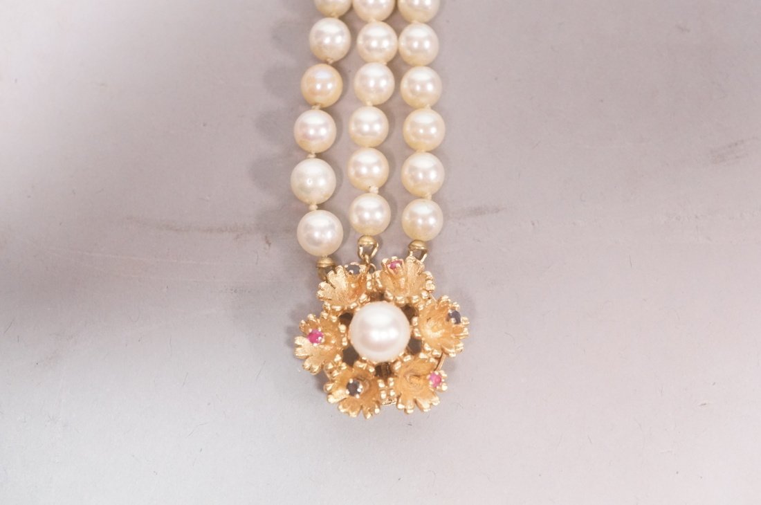 14K Gold Triple Row Pearl Bracelet. Sapphire & ru (1 of 6)