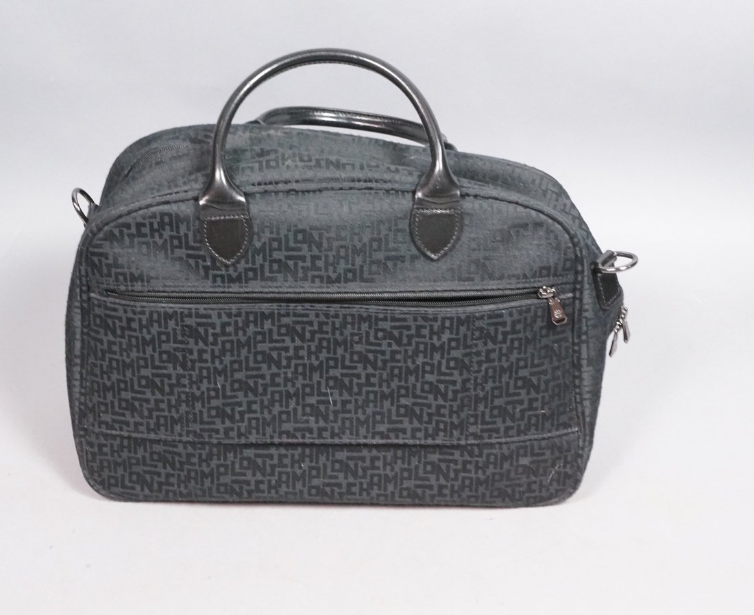 LONGCHAMPS France Black Fabric Logo Hand Bag. Bla: LONGCHAMPS France Black Fabric Logo Hand Bag. Black leather handles. -- Dimensions: H: 11 inches: W: 16 inches --- US Shipping charge: $20