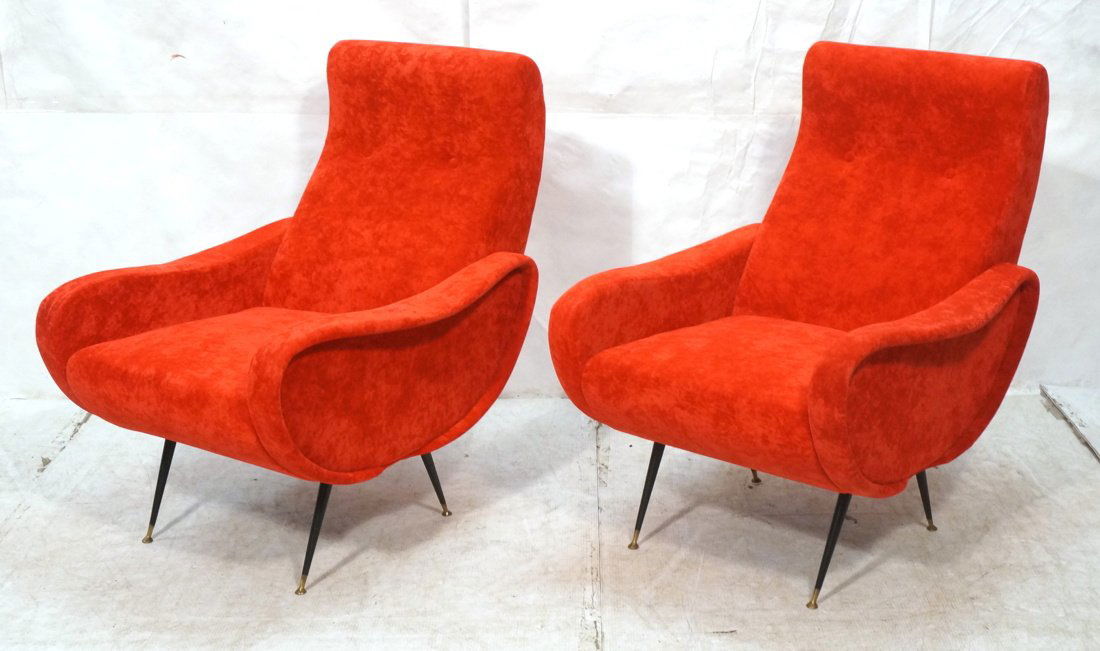 Pr Italian Modernist Chairs. Red Plush Fabric wit (1 of 7)